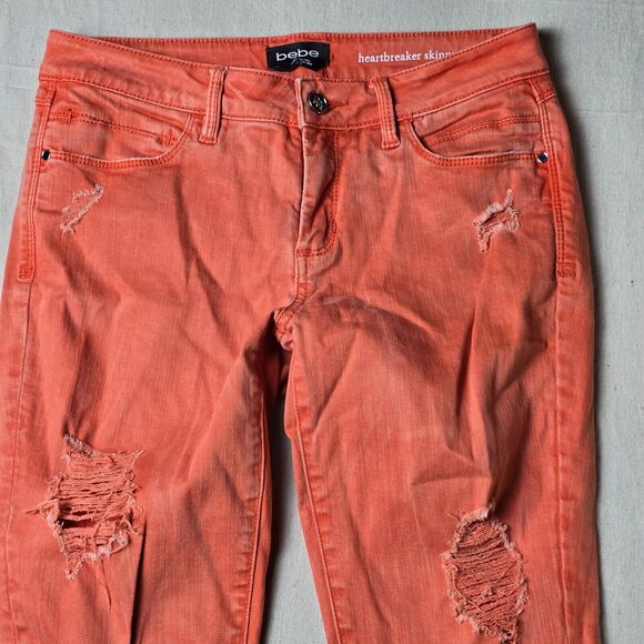 Bebe Jeans Womens 23 Orange Heartbreaker Skinny‎ Distressed Mid Rise Pockets - Picture 9 of 16